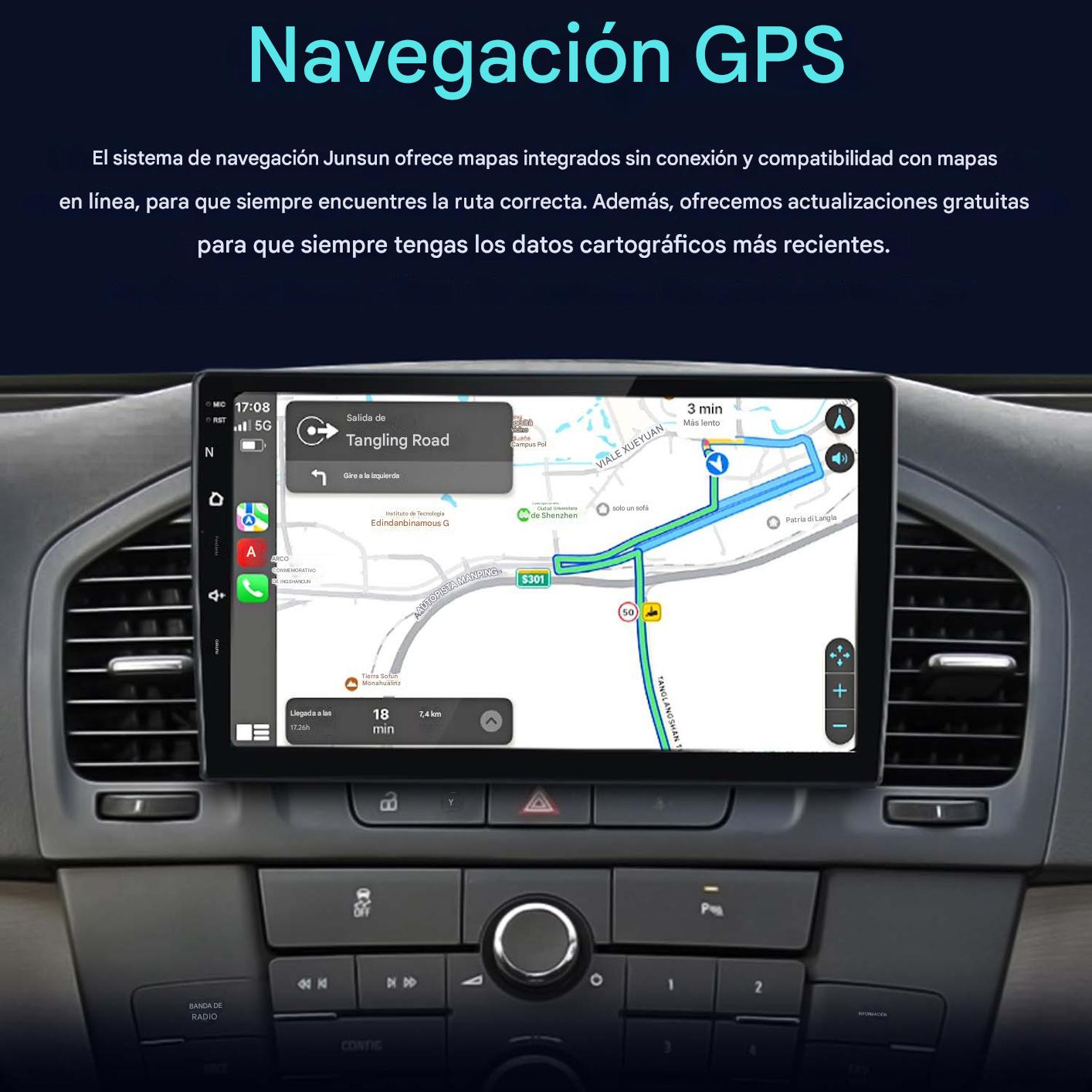 Panel del automóvil mostrando navegación GPS. La pantalla muestra un mapa con indicaciones de ruta y una vista general del destino.