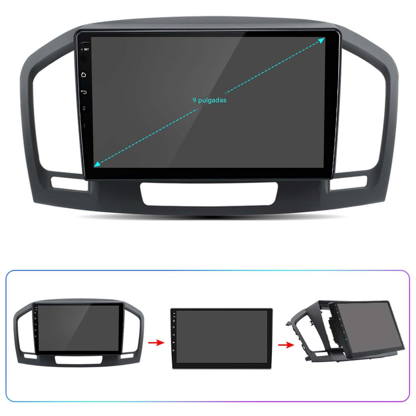 Autoradio con pantalla grande y marco negro. La pantalla tiene una línea azul que indica 9 pulgadas. Varias vistas adicionales.