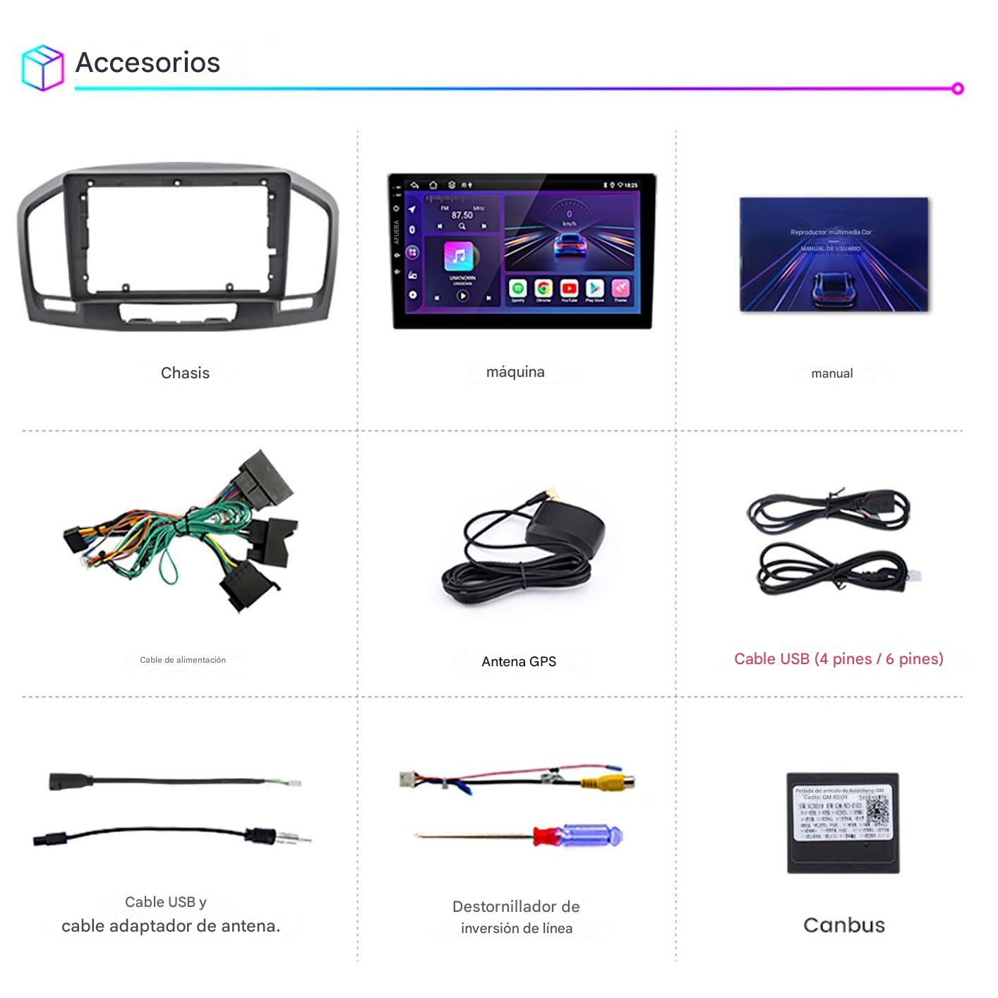 Imagen muestra accesorios de coche: chasis, estéreo, manual, cable de alimentación, antena GPS, cable USB, adaptador, destornillador y Canbus.