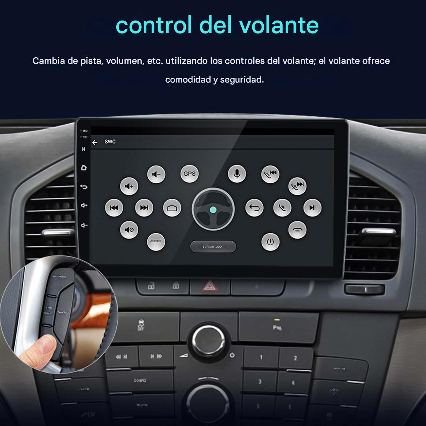 Panel del coche con pantalla con controles GPS y audio. Una mano pulsa un botón en el control del volante.