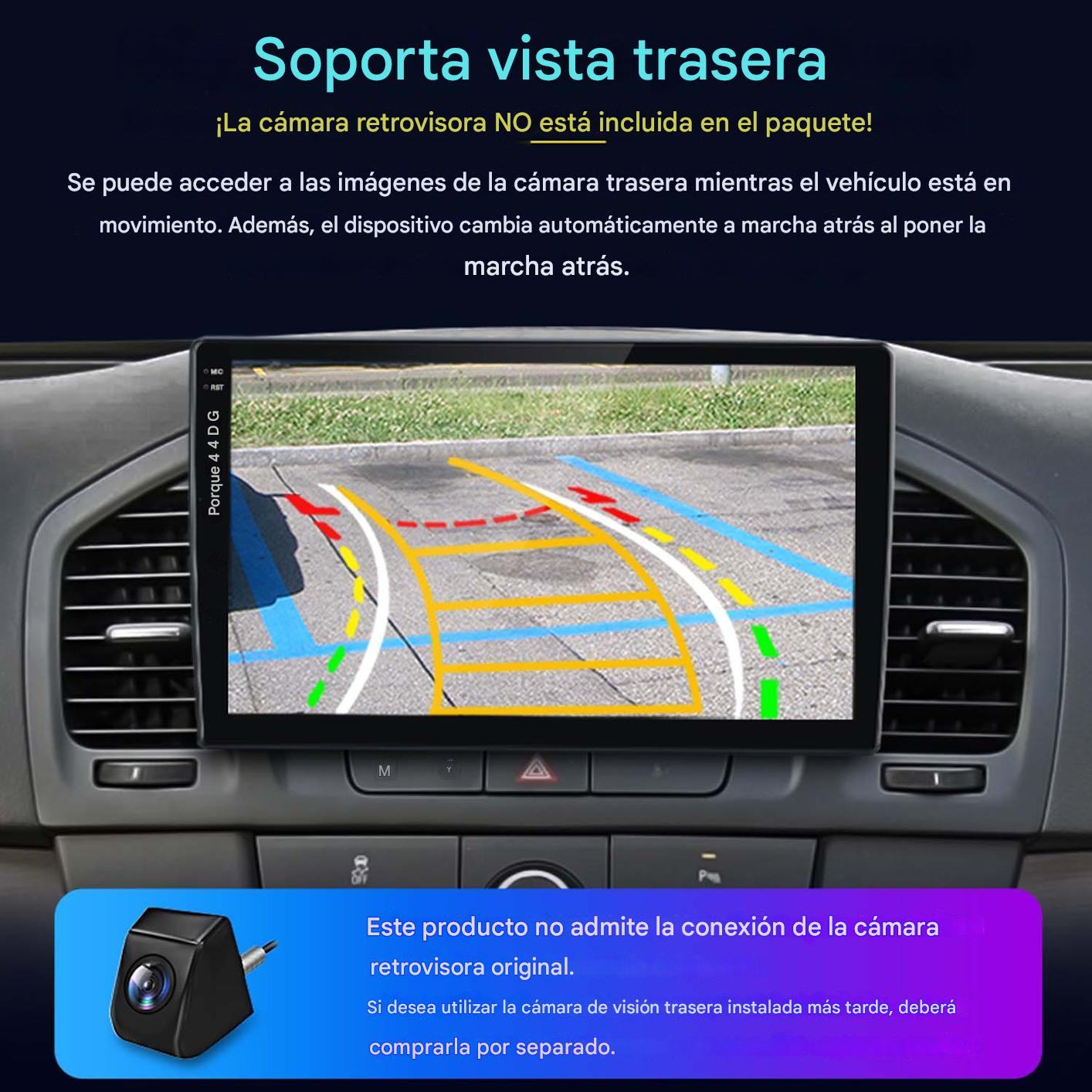 Panel del automóvil que muestra la pantalla de la cámara de marcha atrás. Incluye texto en español sobre la cámara y sus funciones.
