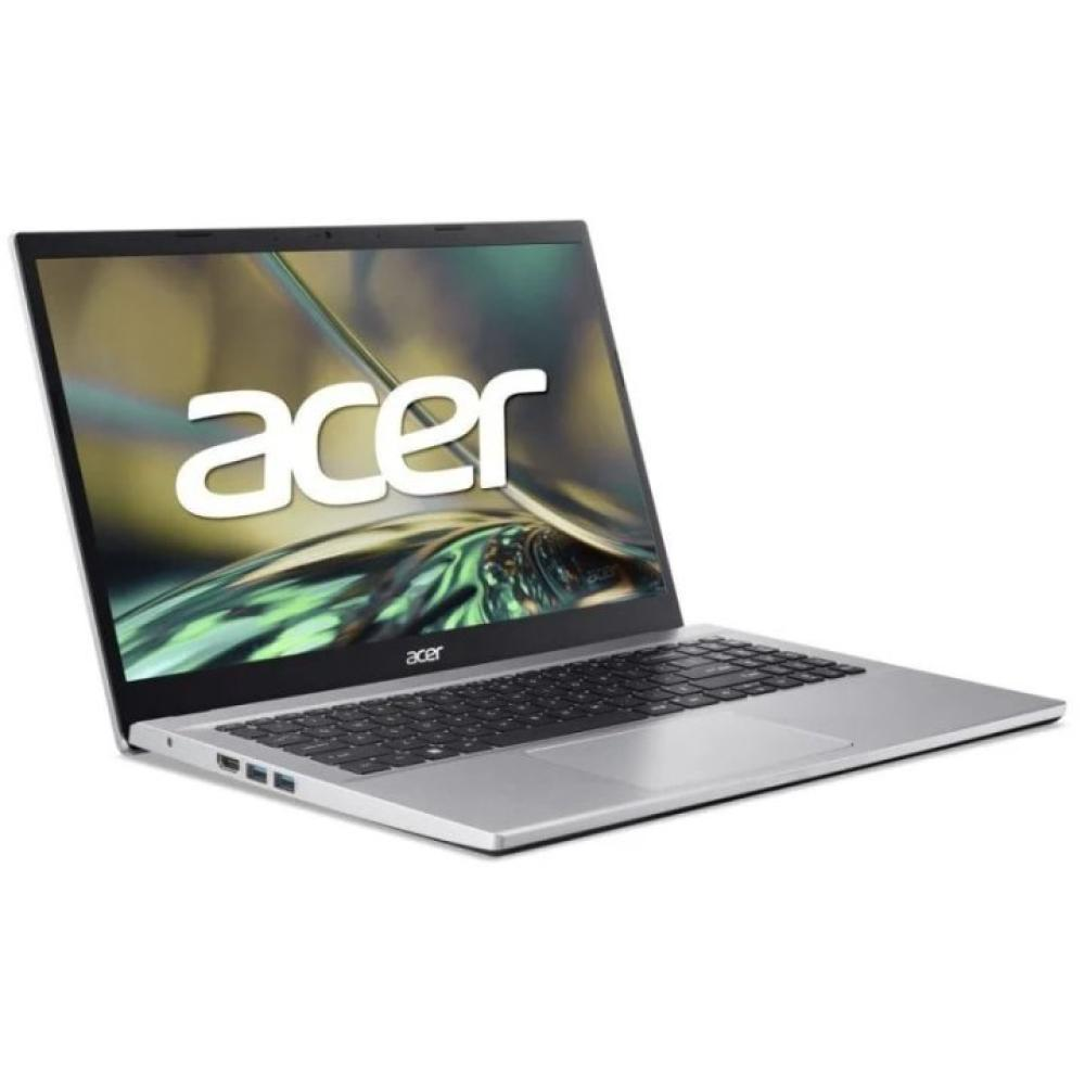 Una laptop Acer plateada se muestra en diagonal, abierta. La pantalla muestra el logotipo de Acer. El teclado y el panel táctil son visibles.