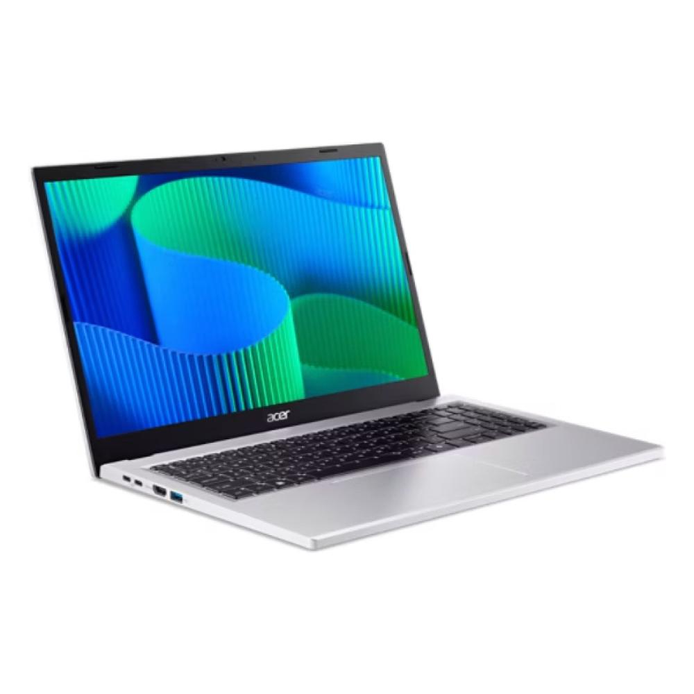 Laptop Acer plateado abierto, la pantalla muestra un diseño abstracto azul y verde. Teclado visible. Fondo blanco.