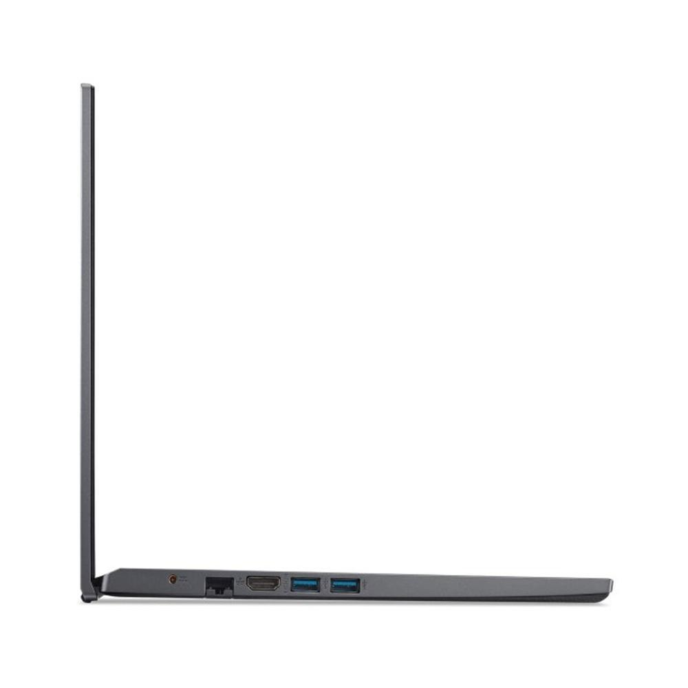 Vista lateral de un portátil. El portátil es gris con varios puertos, incluyendo HDMI y USB, sobre un fondo blanco.