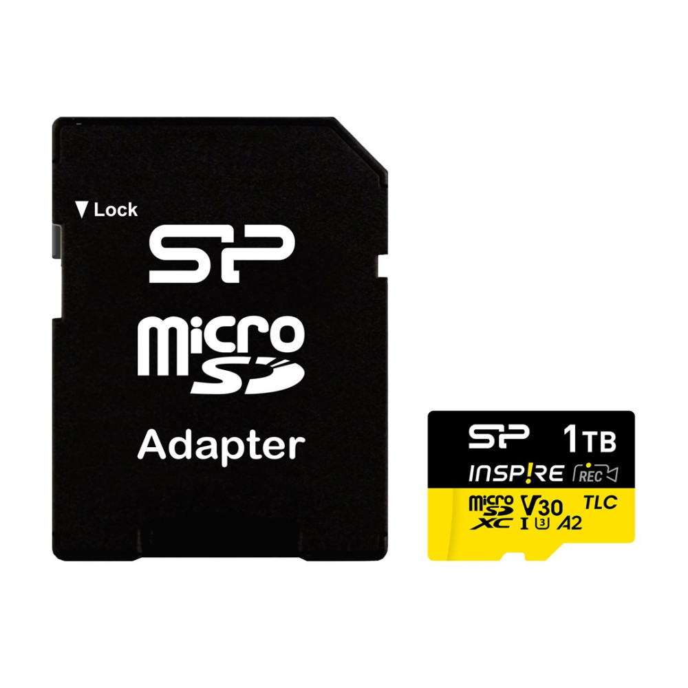 Czarny adapter karty SD i karta micro SD na białym tle. Karta micro SD jest żółto-czarna.