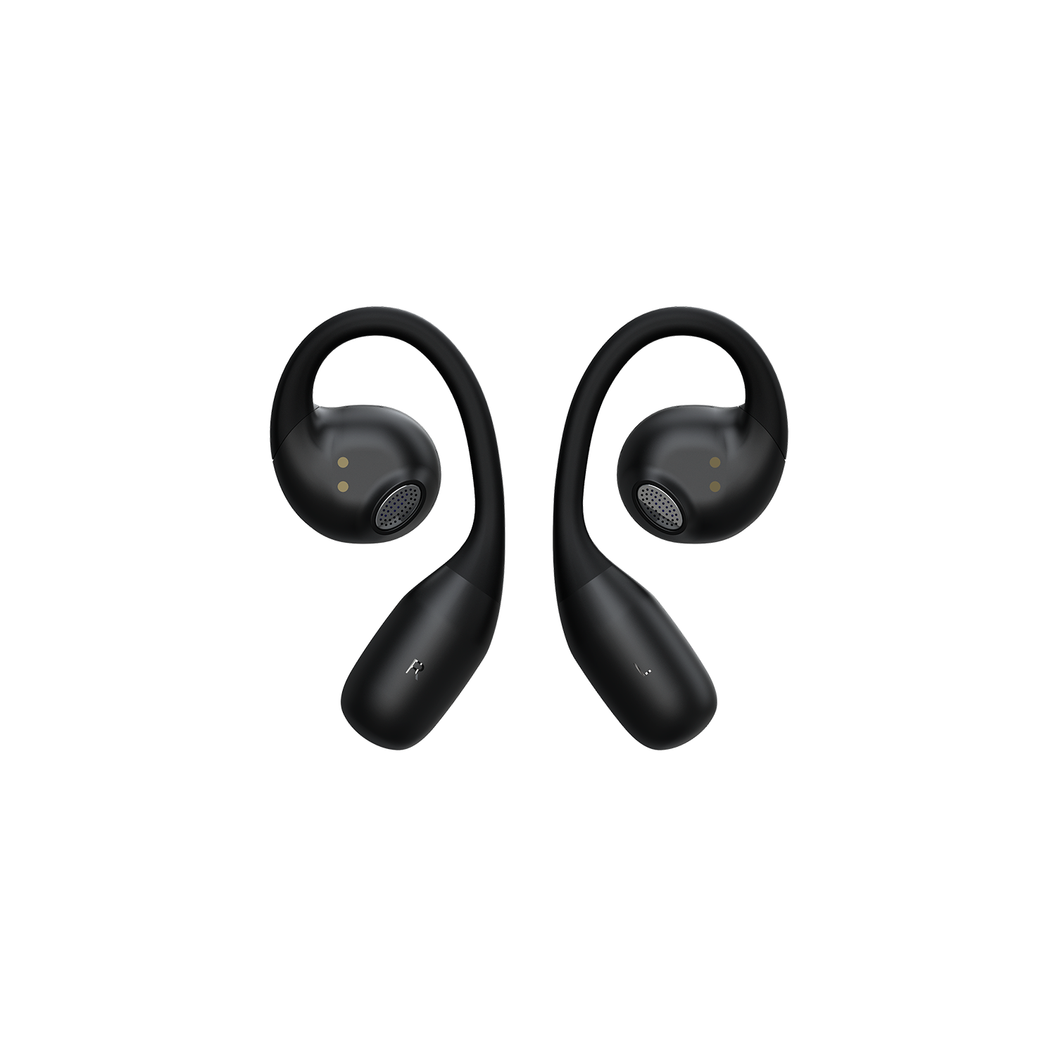 Dos auriculares inalámbricos negros con ganchos para las orejas, orientados entre sí sobre un fondo blanco. Cada uno tiene un altavoz y un pequeño indicador.