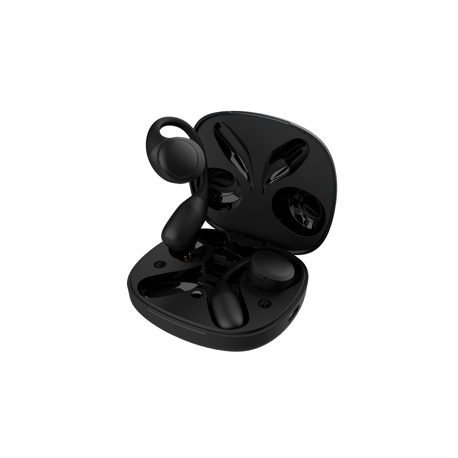 Estuche de auriculares negro abierto con auriculares dentro. Un auricular está fuera del estuche. Todos los elementos son negros.