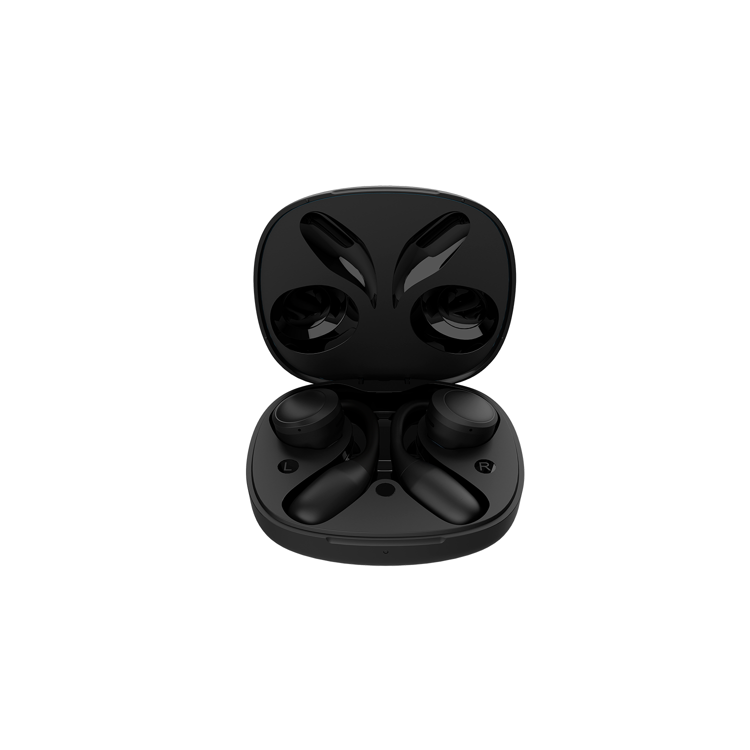 Auriculares inalámbricos negros en un estuche de carga negro, abierto. Los auriculares están etiquetados como 'L' y 'R'.