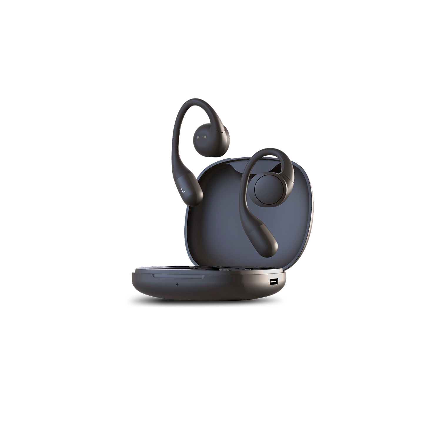 Un par de auriculares inalámbricos negros con estuche de carga. Los auriculares están en el estuche, listos para usar. El estuche está abierto.
