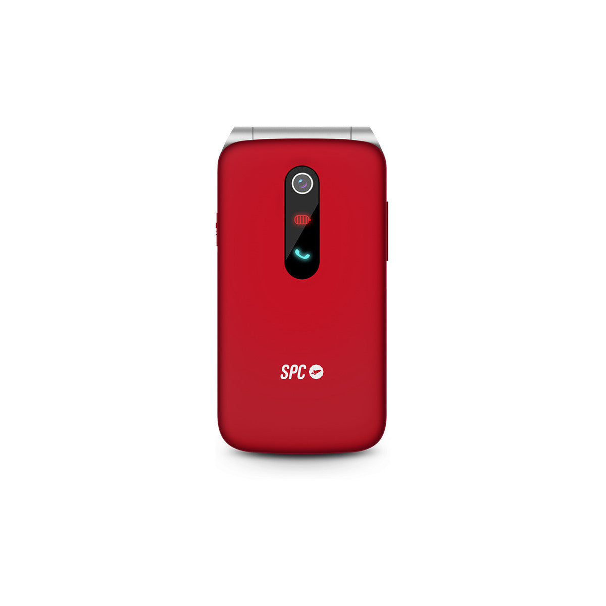 Ein rotes Klapphandy mit Kamera und Bildschirm ist zentriert. Das Telefon hat die Marke SPC. Der Bildschirm zeigt ein Telefonsymbol.