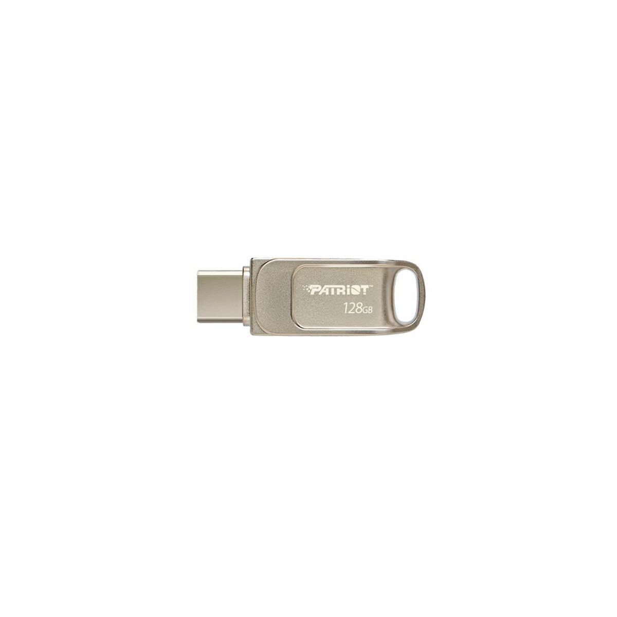 Srebrny pendrive Patriot 128GB z złączem USB-C. Znajduje się na białym tle.