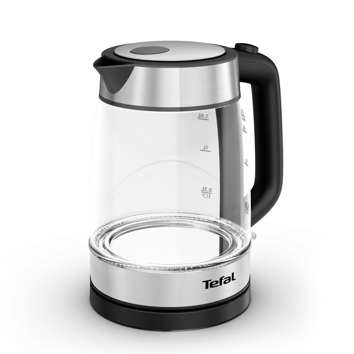 Przezroczysty szklany czajnik elektryczny z czarnym uchwytem i podstawą. Górna część jest srebrna z czarnym wylewem. Widoczna jest marka 'Tefal'.