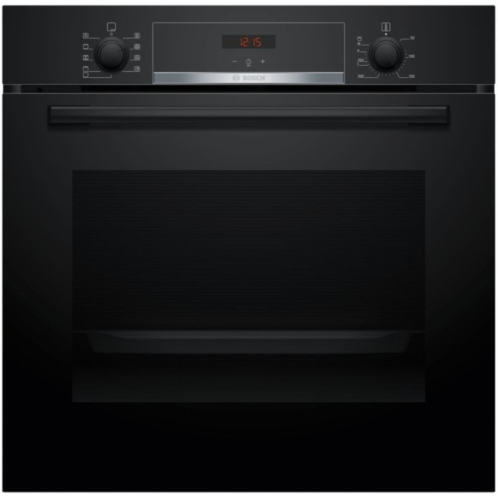 Czarny piekarnik Bosch. Posiada cyfrowy zegar i dwa pokrętła sterujące. Klamka drzwi jest pozioma. Piekarnik jest czarny.