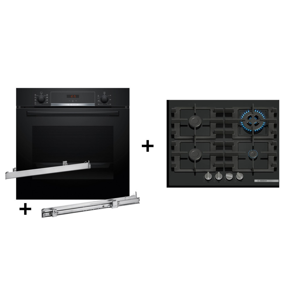 Czarny piekarnik z otwartą szufladą i kuchenką gazową. Kuchenka ma cztery palniki, jeden zapalony niebieskim płomieniem, oraz markę Bosch.