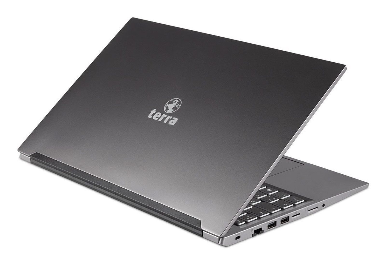 Szary laptop Terra jest otwarty, pokazując klawiaturę. Pokrywa ma logo Terra i gradientowe wykończenie.