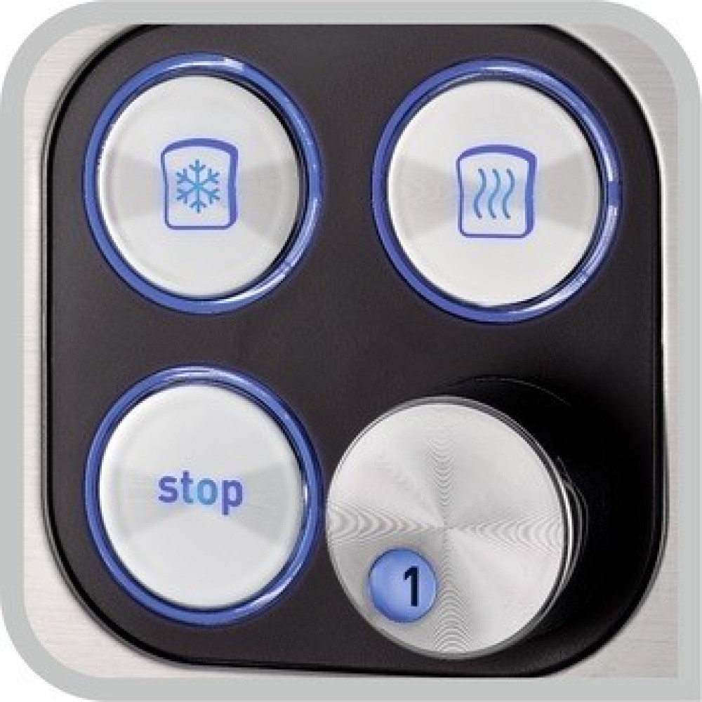 Elementy sterowania tostera: przyciski do mrożonego chleba, tostów, stop i pokrętło z '1'. Przyciski mają niebieskie obramowania. Srebrny i czarny design.