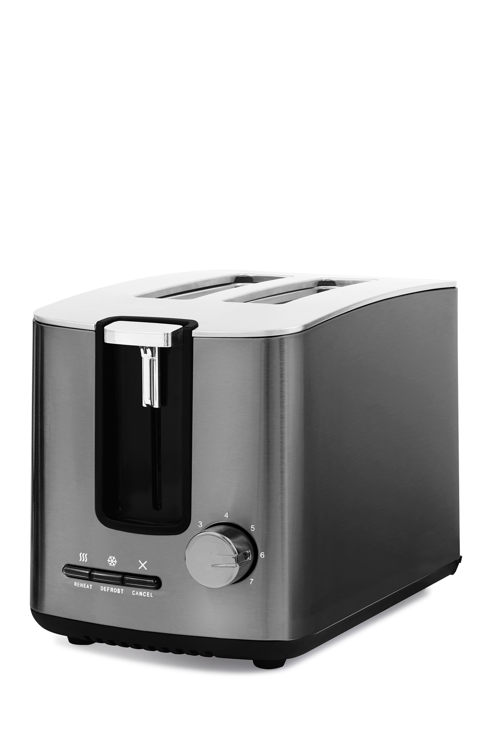 Metalowy toster na białym tle. Ma pokrętło i przyciski do podgrzewania, rozmrażania i anulowania.