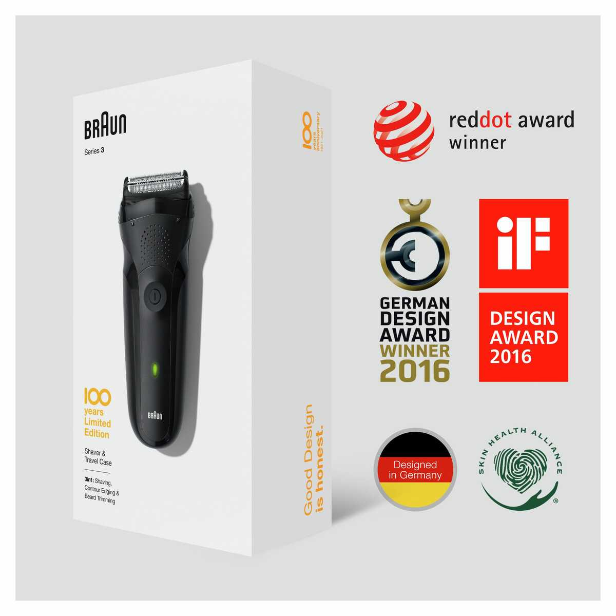 Beyaz kutuda siyah Braun Series 3 tıraş makinesi, ödüller ve logolar. Ürünün özellikleri ve tasarım ödülleri hakkında metin içerir.