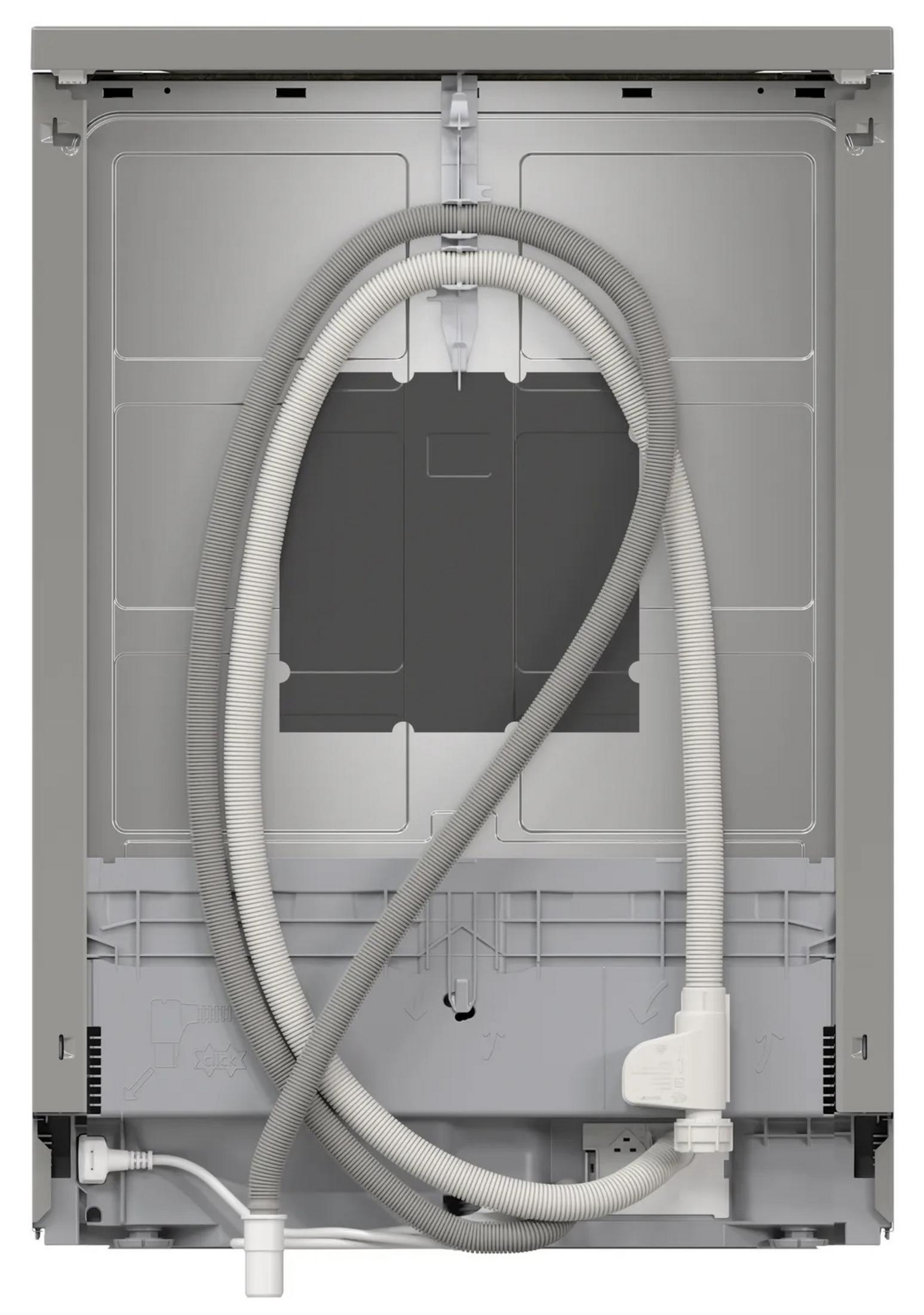 Tył zmywarki. Pokazuje rury i okablowanie. Głównie szare i białe kolory. Elementy metalowe i plastikowe. Jasny widok na wewnętrzną strukturę.