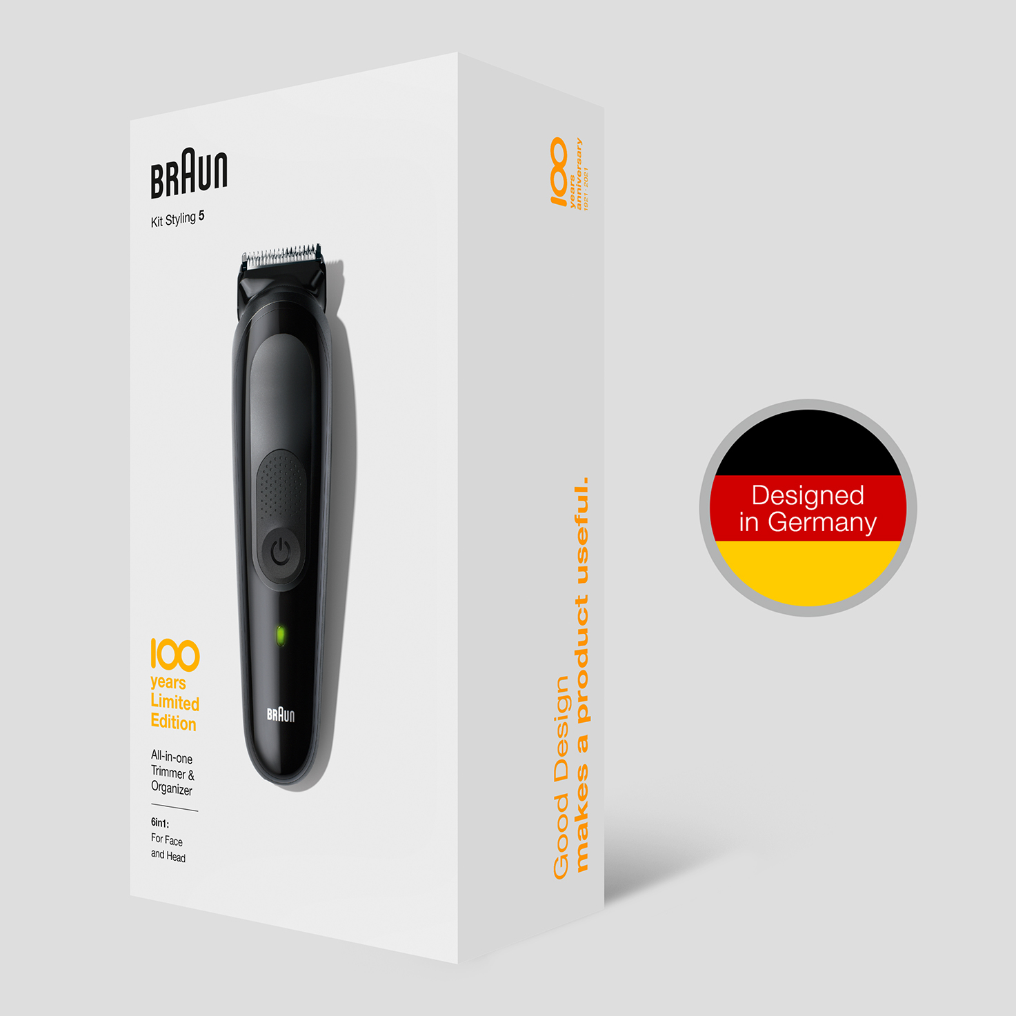 Bir Braun Kit Styling 5 kutusu ve bir düzeltici. Kutuda '100 years Limited Edition' ve 'Designed in Germany' etiketleri var.