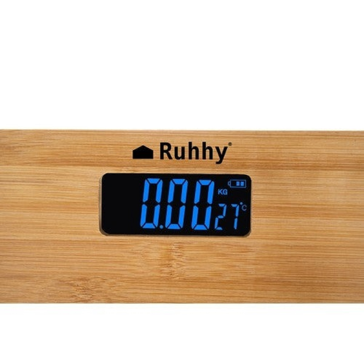 Una báscula digital muestra '0.002 kg' y 27°C sobre una superficie de madera. La marca 'Ruhhy' está encima de la pantalla.