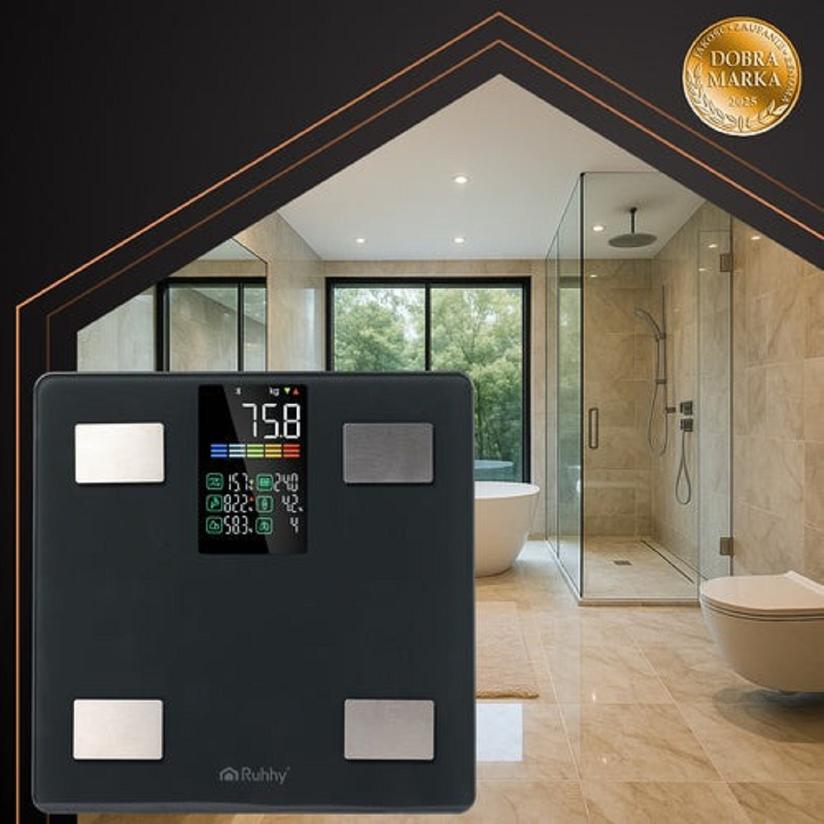 Una báscula digital negra muestra 75,8 kg en un baño moderno con ducha y bañera.