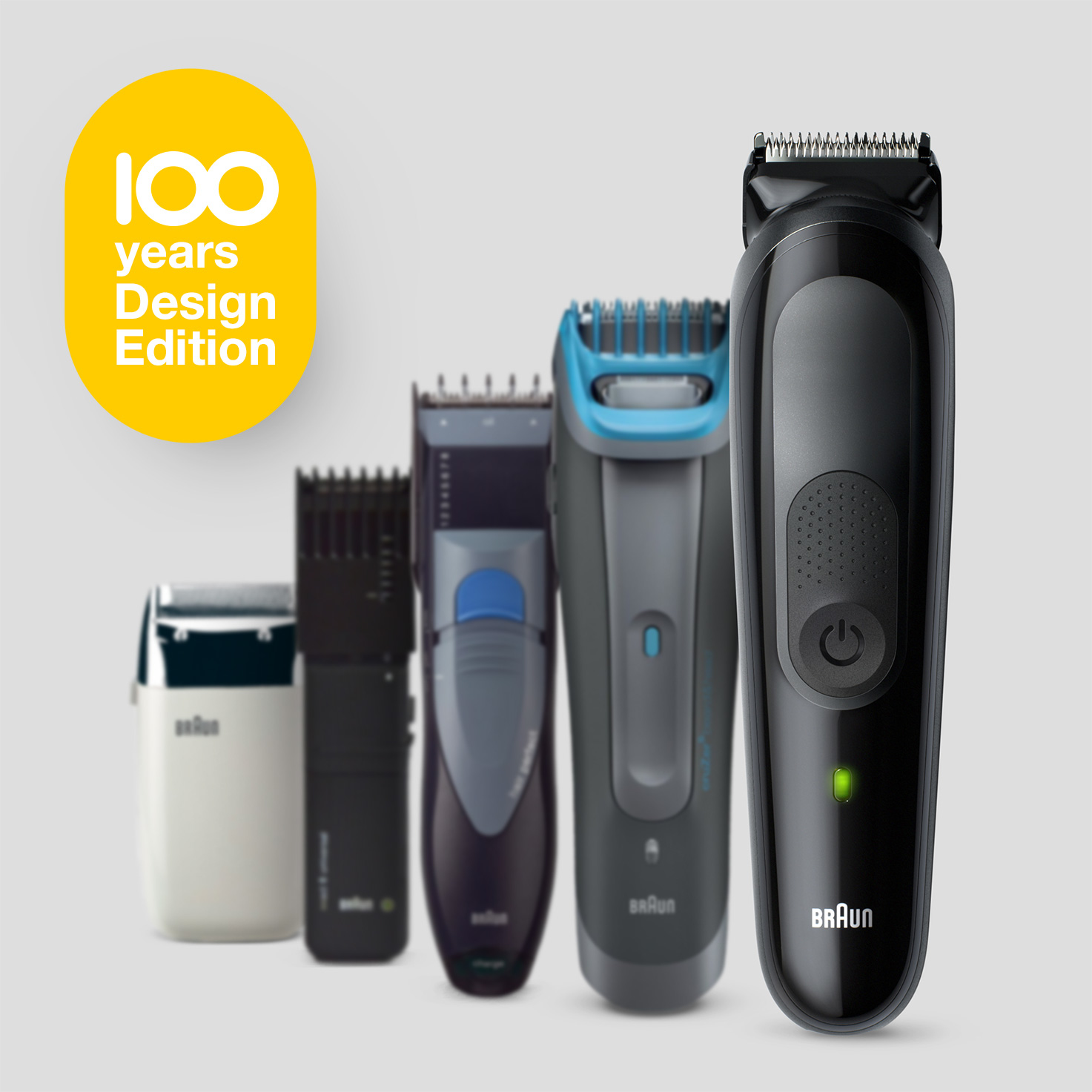Görselde beş Braun sakal kesme makinesi görülüyor. Sol üstte '100 years Design Edition' yazılı sarı bir oval var.