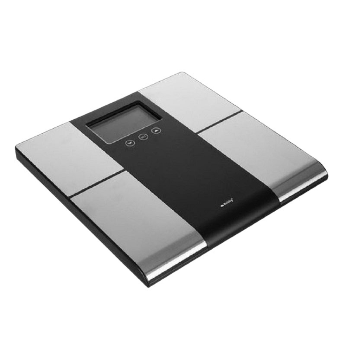 Una báscula digital con un panel central negro y paneles laterales plateados. Tiene una pantalla y tres botones.