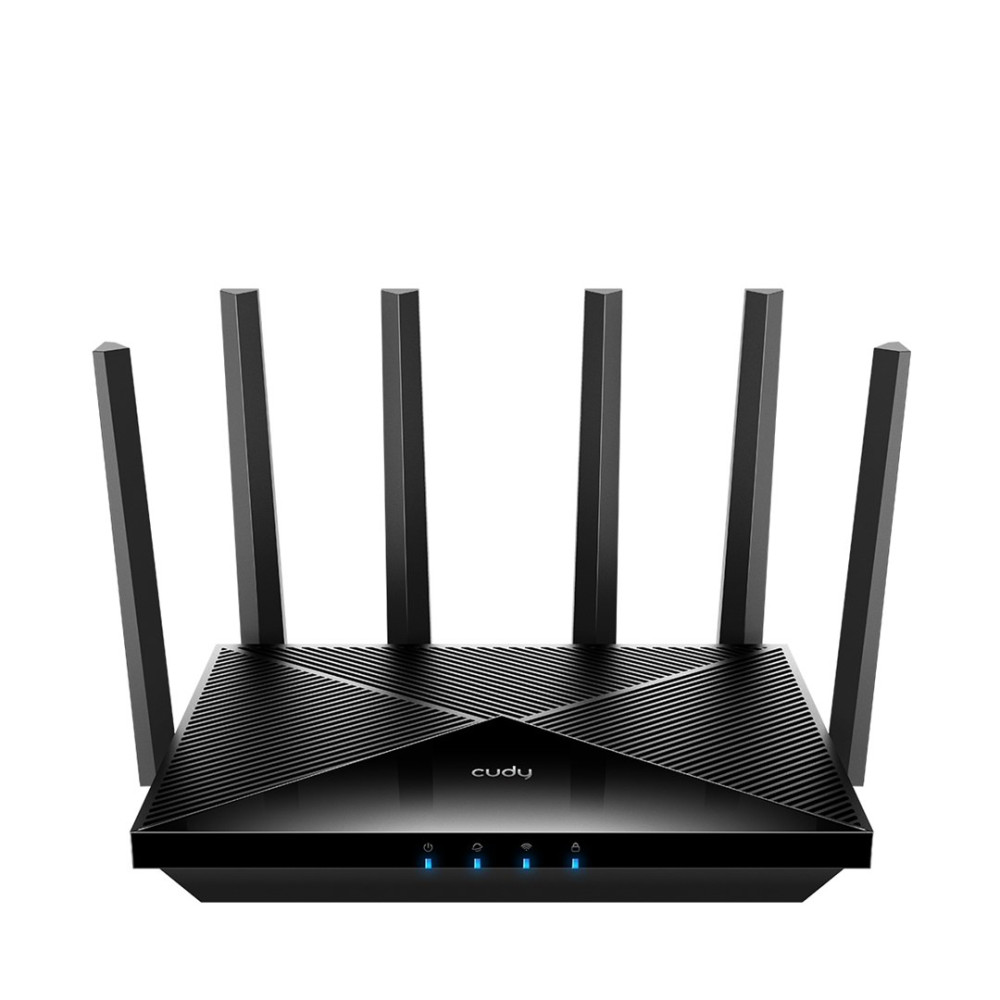 Czarny router Cudy z sześcioma antenami, z niebieskimi lampkami kontrolnymi. Jest na białym tle.