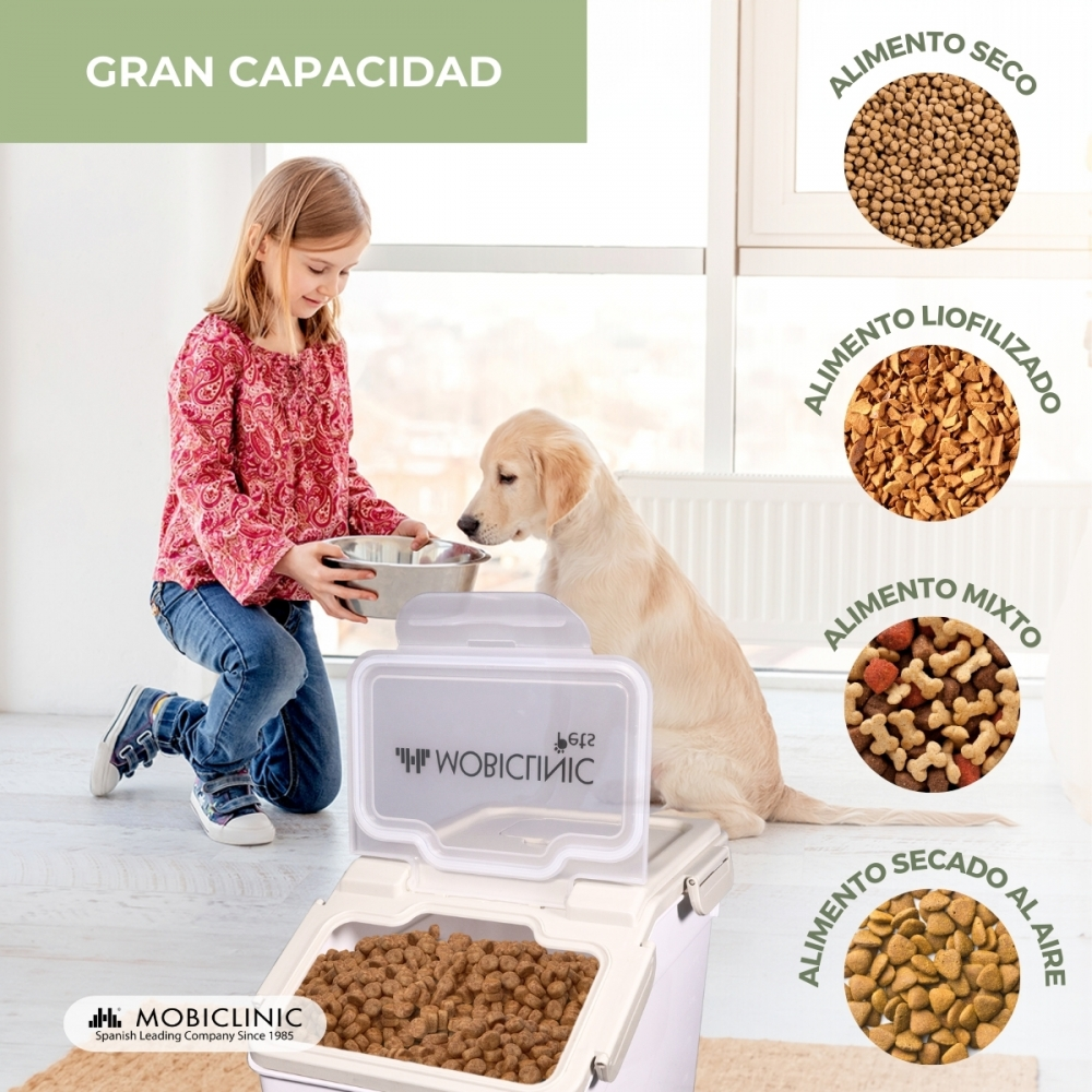 Una niña alimenta a un golden retriever. Un contenedor de comida está al frente. Muestra opciones de comida seca, liofilizada, mixta y secada al aire.
