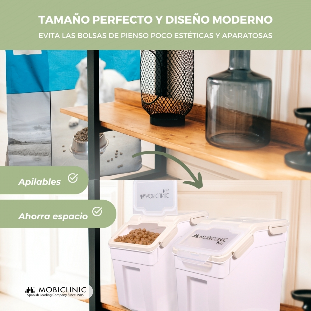 La imagen muestra recipientes para comida de mascotas. Un recipiente está abierto y lleno de comida. Una estantería arriba tiene elementos decorativos y texto.