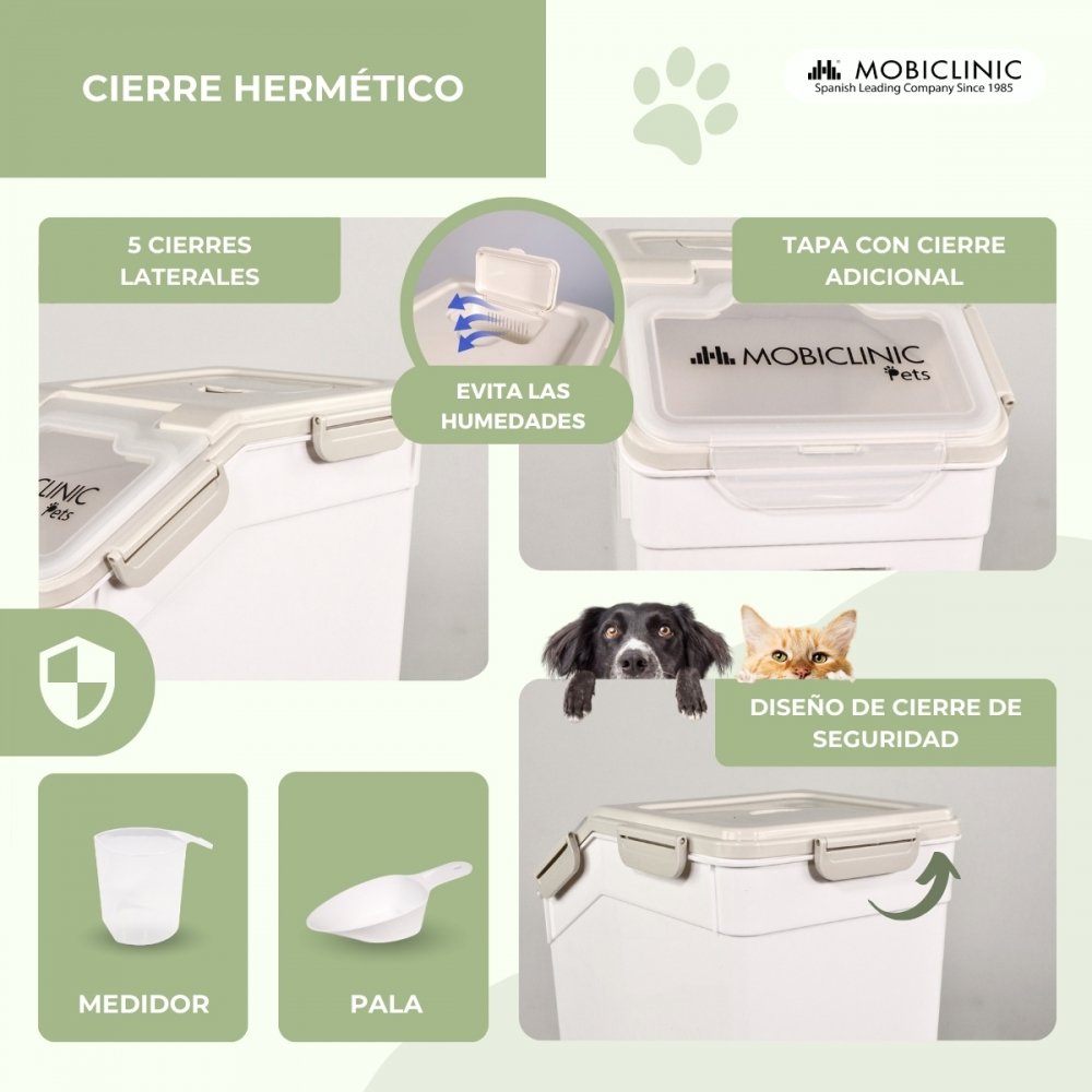 Contenedor blanco de comida para mascotas con tapa, etiquetas de texto, perro y gato, taza medidora y cuchara.