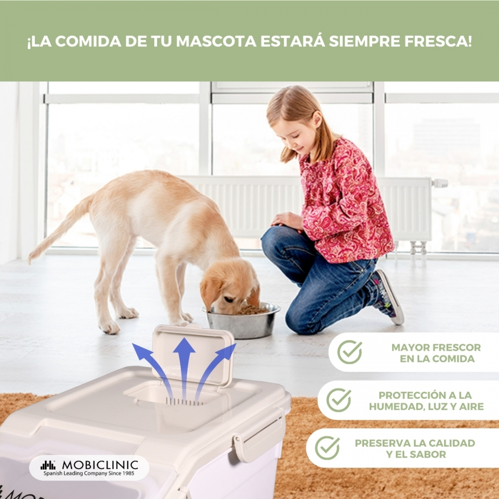 Una niña y un perro comiendo. Un contenedor está en primer plano. Texto: '¡La comida de tu mascota siempre estará fresca!'