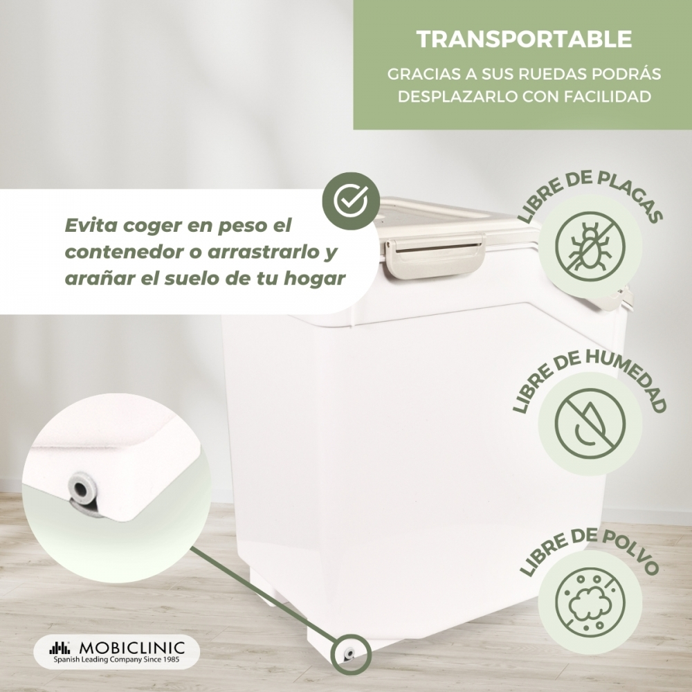 Un contenedor blanco con ruedas, se muestran textos en español sobre sus características y beneficios. El contenedor está sobre un suelo de madera.