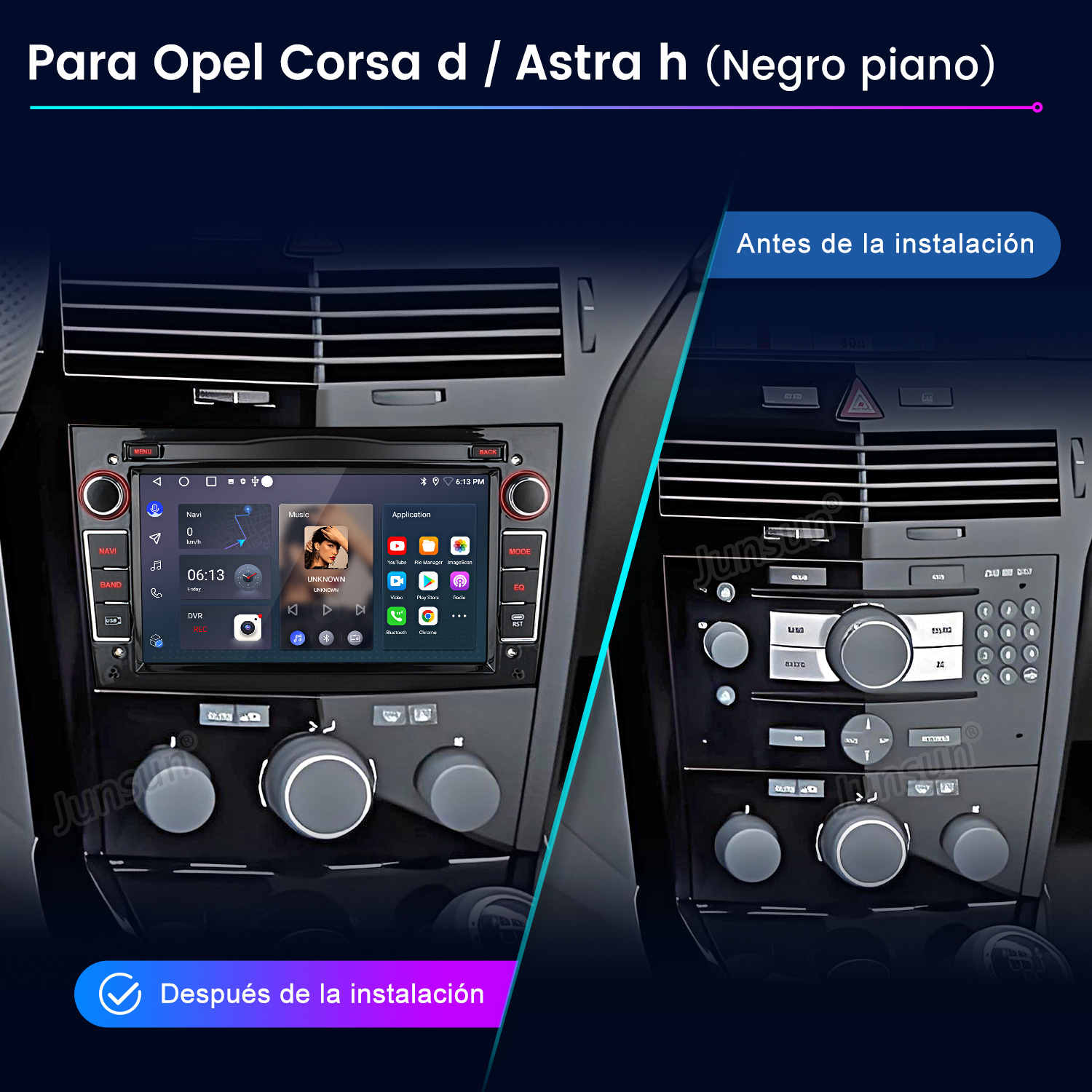 Panel del coche que muestra antes y después de la instalación de un nuevo sistema multimedia. El nuevo sistema muestra la hora, navegación y música.