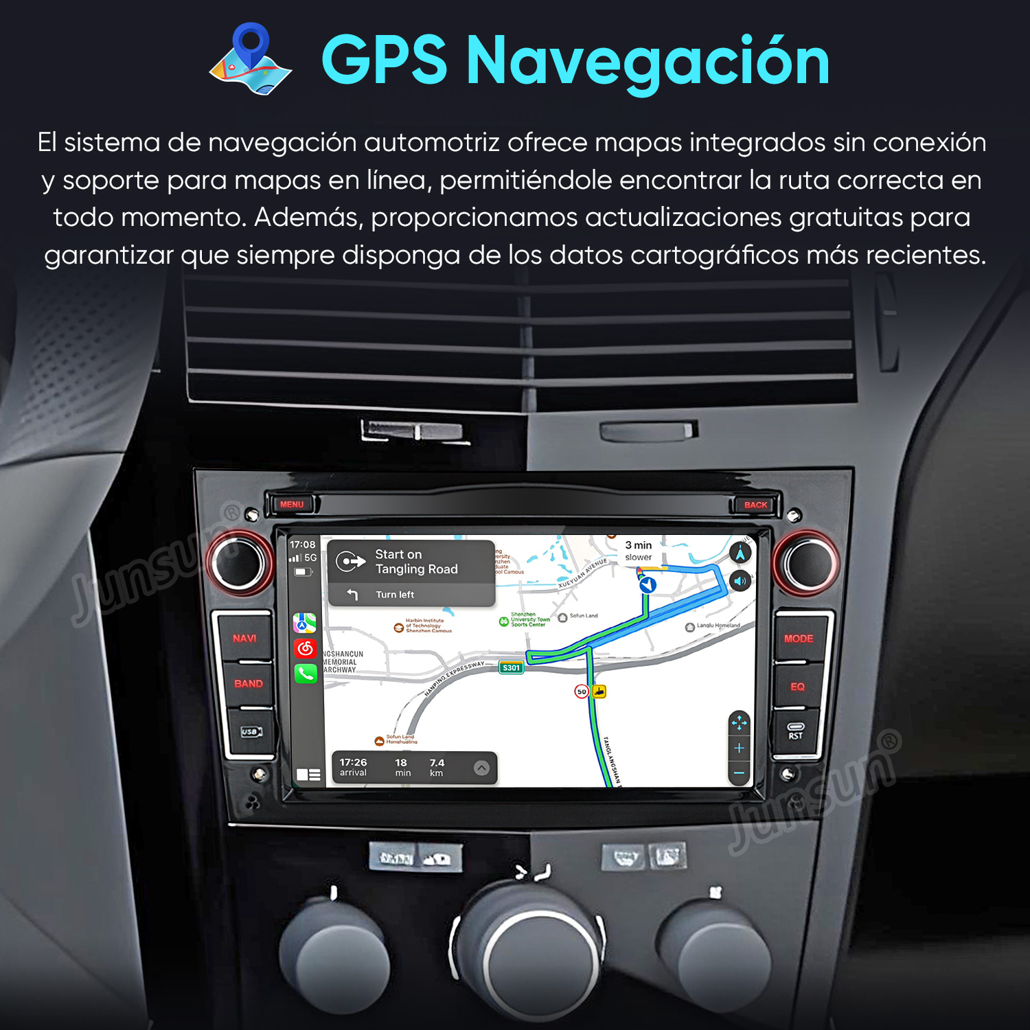Pantalla del sistema de navegación del coche que muestra un mapa con indicaciones de ruta. Botones y mandos visibles.