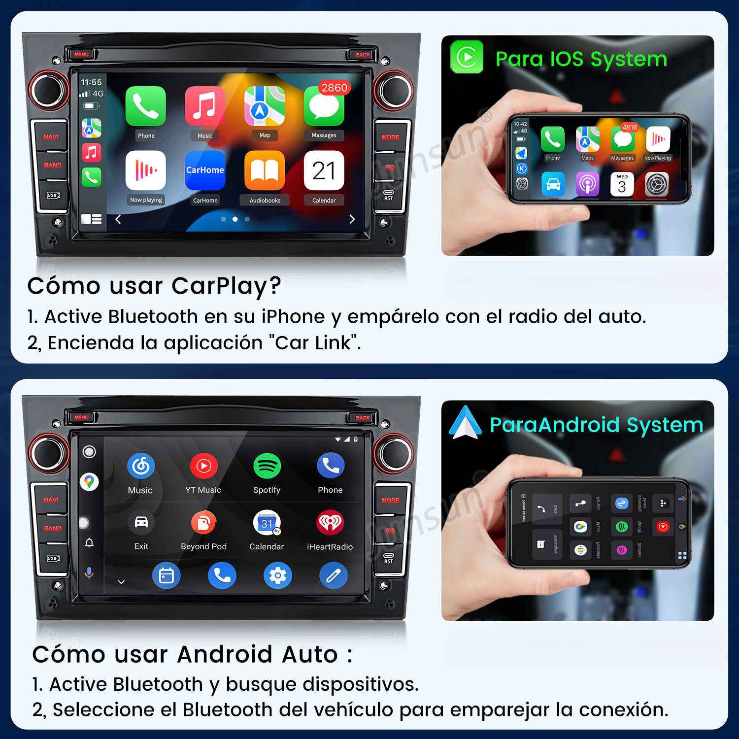 Estéreo de coche con instrucciones del sistema iOS y Android. Incluye iconos de teléfono, música, mapa y aplicaciones.