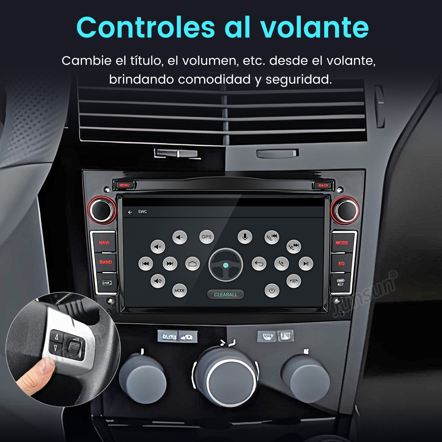 Autoradio con pantalla táctil y botones de control. Se muestran los controles del volante. Botones de volumen, navegación y radio visibles.