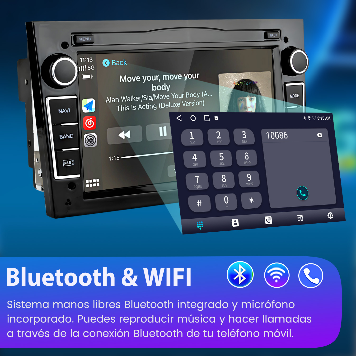 Pantalla de radio de coche que muestra música y un marcador telefónico. Se muestran iconos de Bluetooth y WiFi abajo.