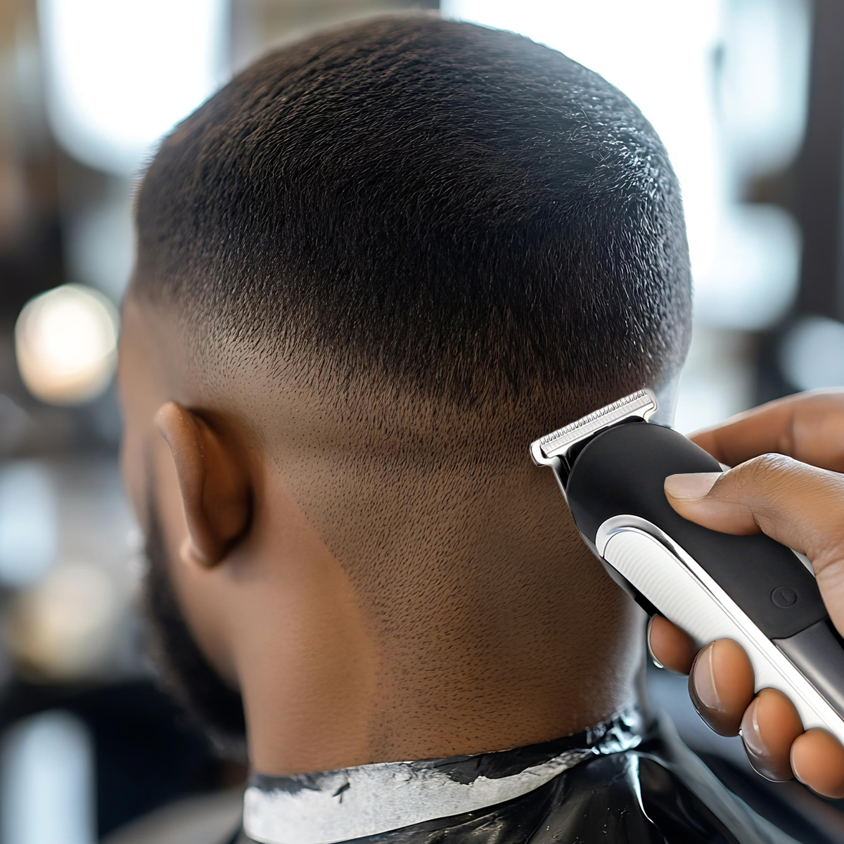 Fryzjer goli tył głowy klienta elektryczną maszynką. Włosy klienta są ciemne, a dłoń fryzjera jest widoczna.