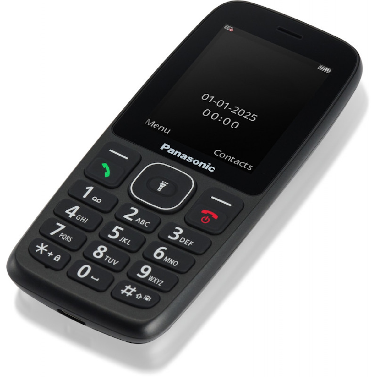 Un téléphone Panasonic gris foncé avec un écran affichant la date et l'heure. Il possède un clavier numérique et des boutons de fonction.