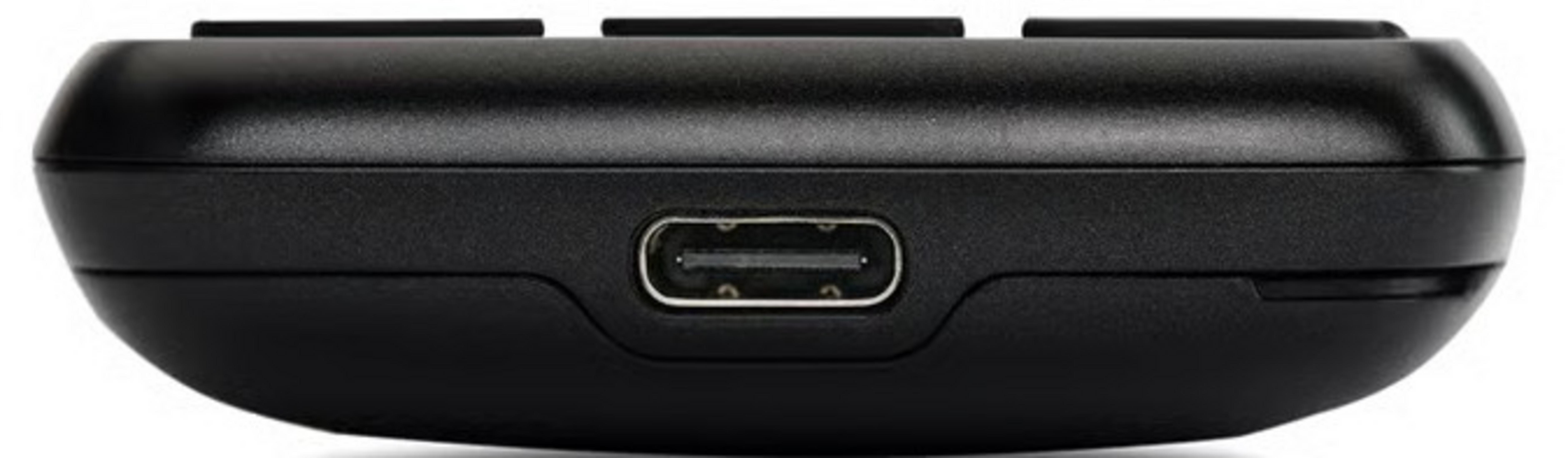 Appareil noir avec port USB-C. Trois petits boutons noirs en haut. Forme arrondie avec finition mate.