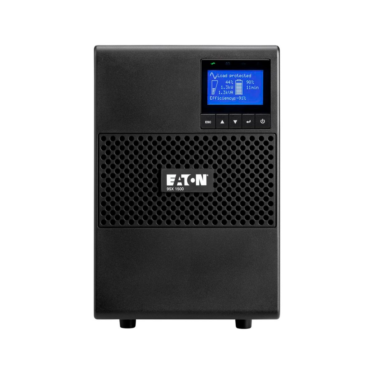 Eine schwarze Eaton 9SX 1500 USV. Es hat einen Bildschirm mit Ladestatus und ein gitterartiges Lüftungsgitter. Der Markenname ist sichtbar.