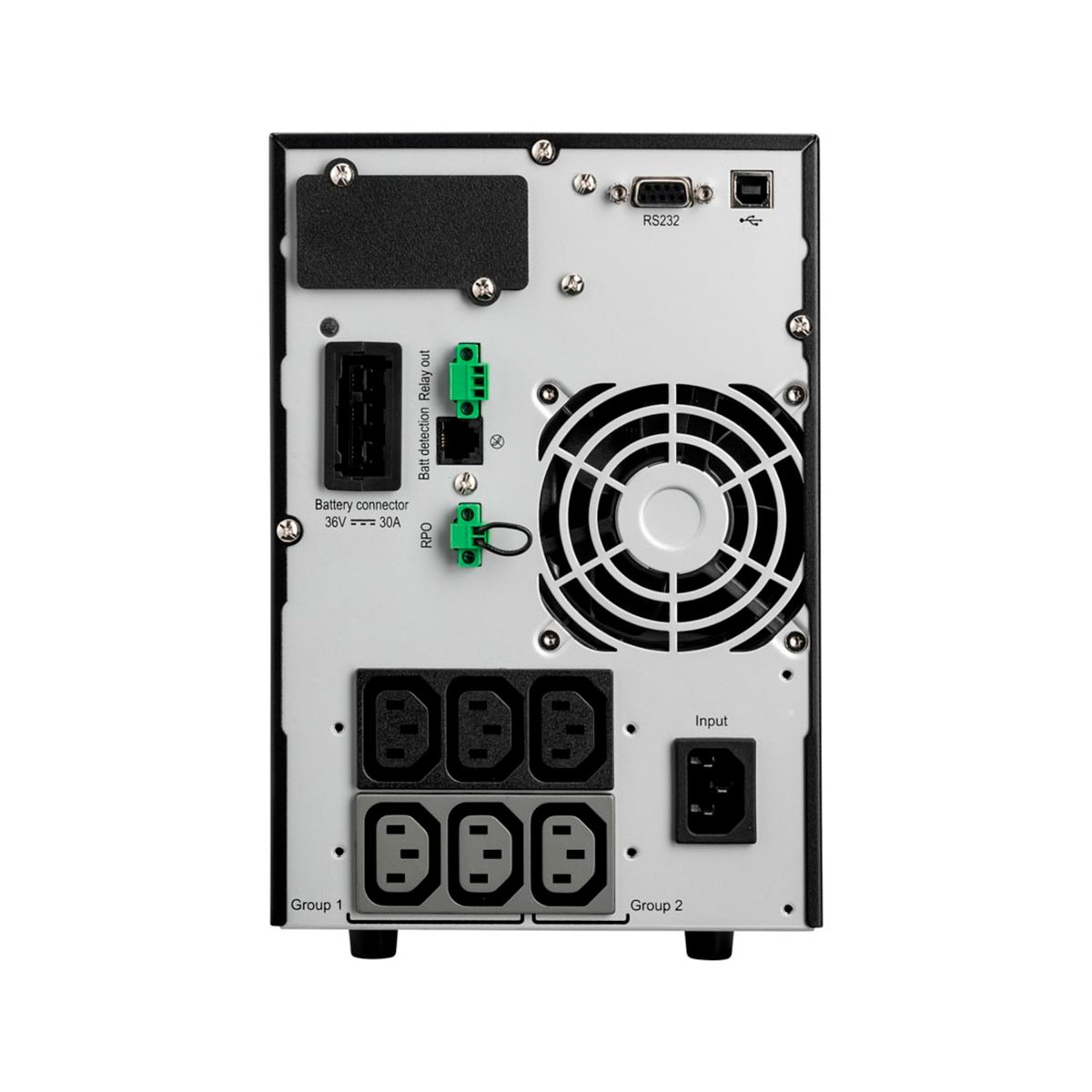 Rückansicht eines schwarzen USV-Geräts. Merkmale sind Anschlüsse, ein Lüfter und Beschriftungen wie 'Batterieanschluss' und 'Gruppe 1'.