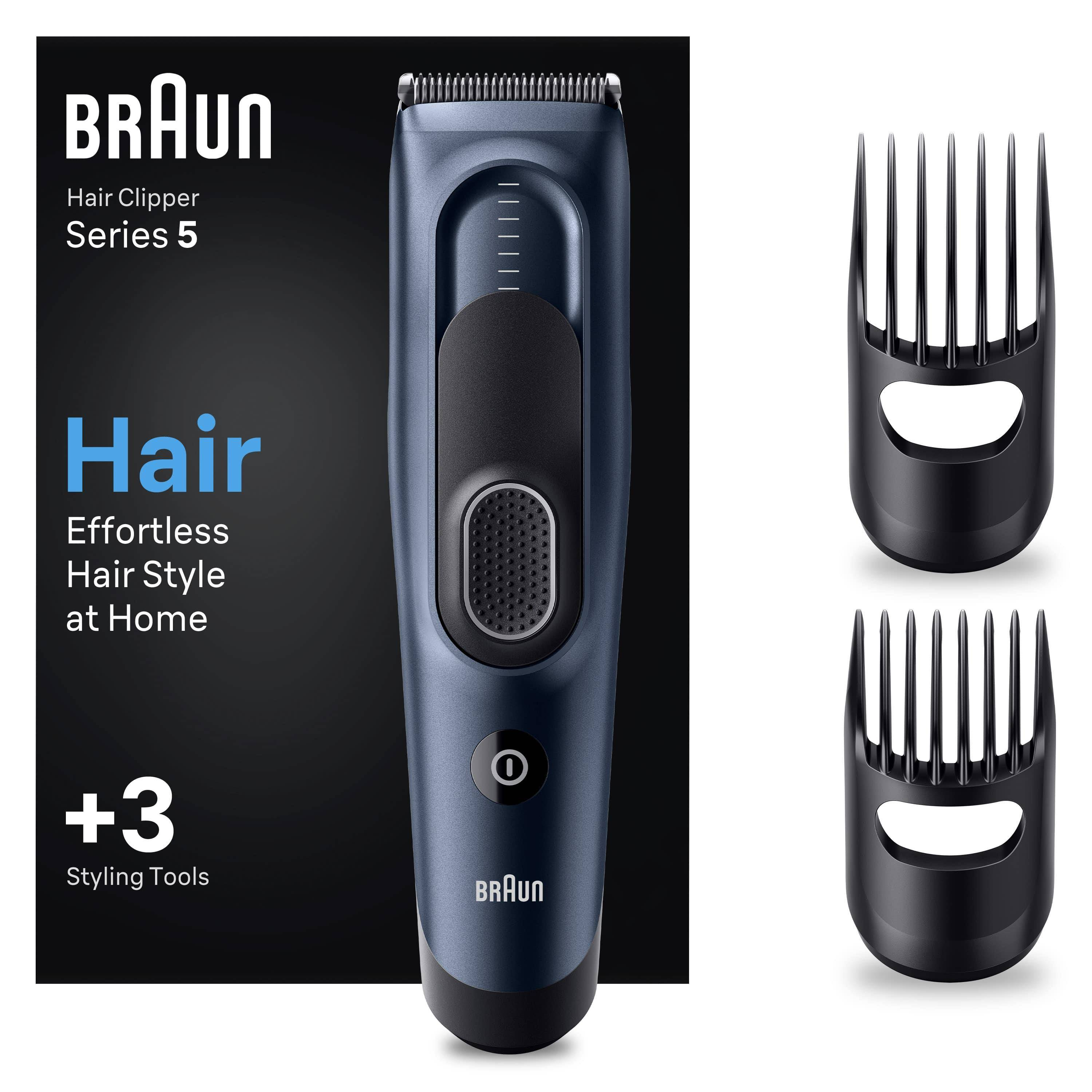 Mavi Braun saç kesme makinesi ve iki siyah şekillendirme aparatı. Metin: 'Hair Clipper Series 5' ve '+3 Styling Tools'.