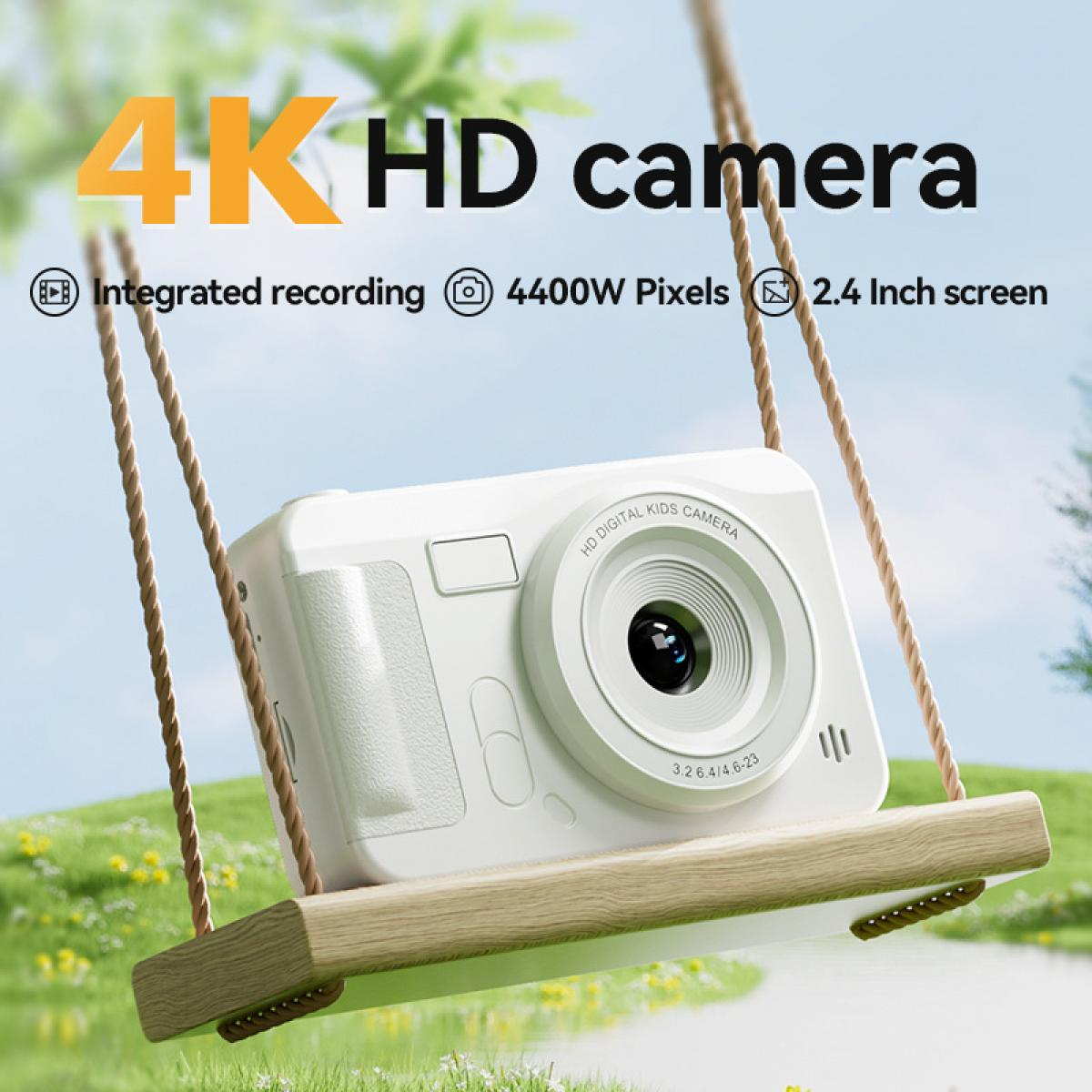 Weiße 4K HD Kinderkamera auf einer Schaukel. Merkmale sind integrierte Aufnahme, 4400W Pixel und ein 2,4-Zoll-Bildschirm.