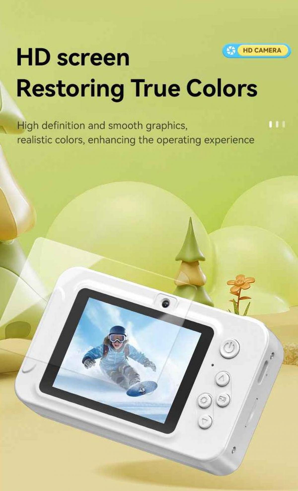 Eine weiße Digitalkamera mit einem Bildschirm, der eine Person beim Snowboarden zeigt. Der Hintergrund ist ein grünes, abstraktes Design.