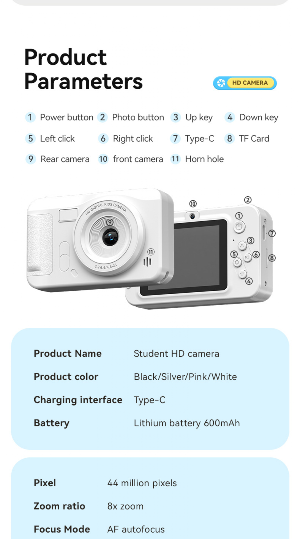 Eine weiße Student HD-Kamera mit Knöpfen, einem Bildschirm und einem Objektiv wird gezeigt. Produktparameter wie Pixel und Zoomverhältnis sind vorhanden.
