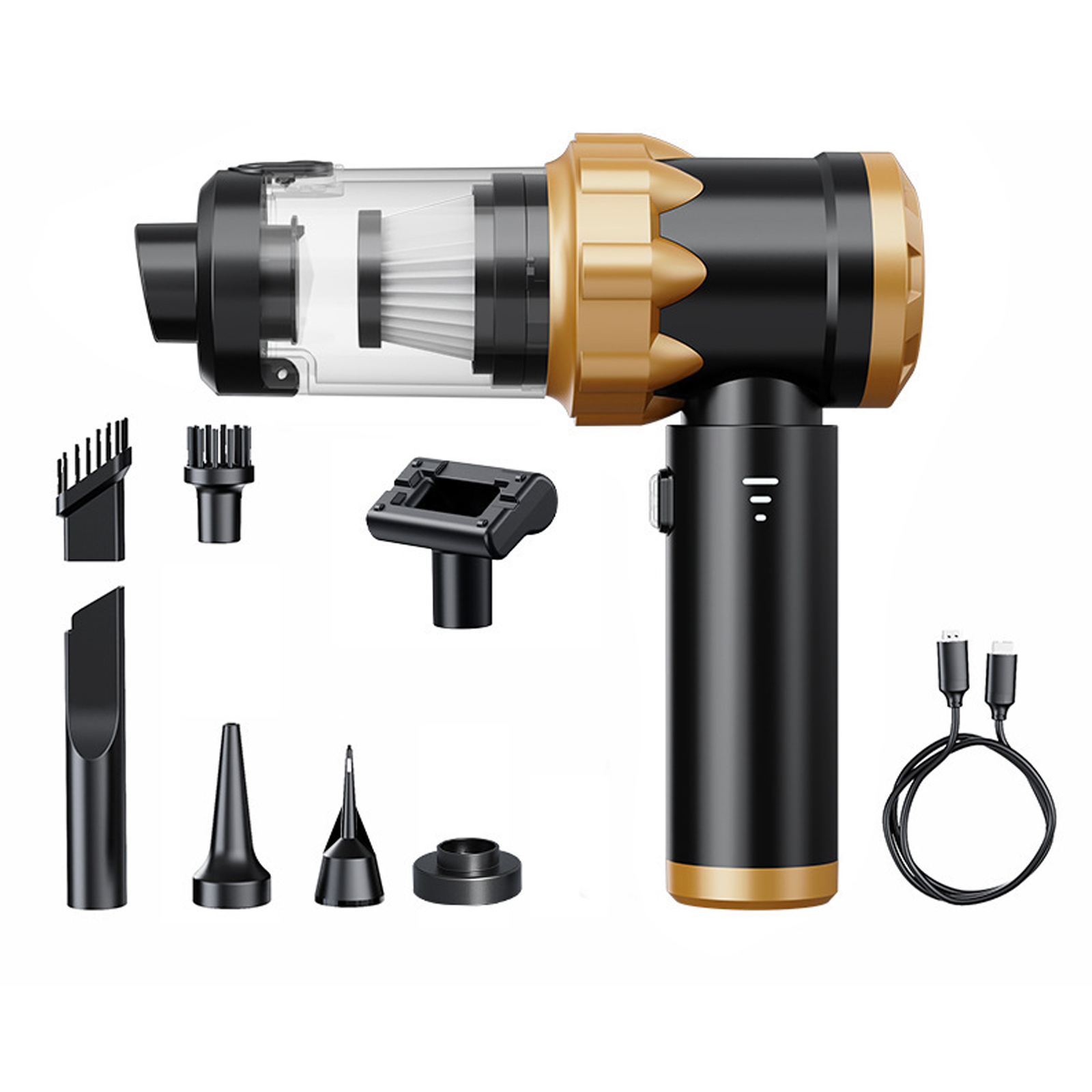 Ein Handstaubsauger mit Aufsätzen. Schwarzes und goldenes Gehäuse mit verschiedenen Düsen und einem USB-Kabel.
