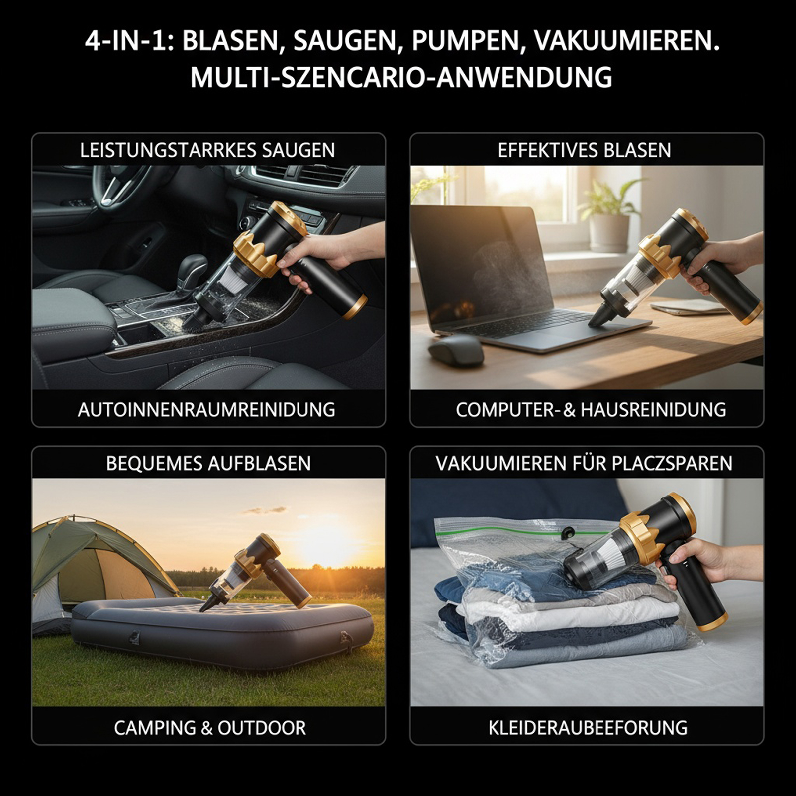 Das Bild zeigt einen 4-in-1-Staubsauger in Aktion: Autoreinigung, Laptopreinigung, Matratzenaufblasen und Kleidung absaugen.